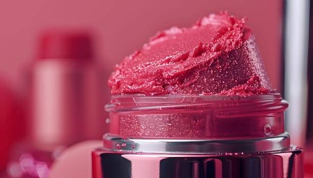 A closeup photo of a jar of pink lipstick on a vibrant red background resembling food and liquid ingredients in a magenta hue, set on a tableware dish