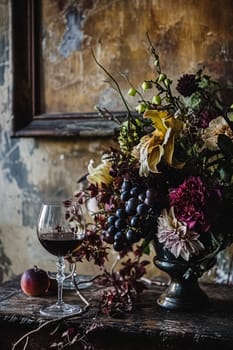 Classic floral still life fine art print, composition with rich arrangement of flowers and fresh fruits and a glass of wine, accented by lush vintage florals, English countryside art style design