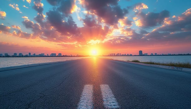 The perspective of the road against the background of sunset and the cityscape. High quality photo