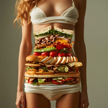 A woman with a sandwich balanced on her stomach, her arm resting on the joint of her shoulder. She wears a onepiece garment, emphasizing her neck, waist, and sleeve