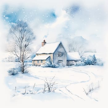 Merry Christmas and Happy Holidays, watercolour printable art print, English countryside cottage as snow winter holiday Christmas card, thank you and diy greeting card design, country style idea