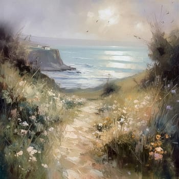 Oil style fine art coastal painting of the English coast, romantic seaside and floral meadow in soft pastel colours, evoking a sense of tranquility and natural beauty, printable art design