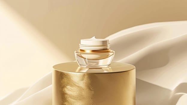 Face cream in a glass jar on a white and gold background. Skin care concept. Backdrop for beauty cosmetic products