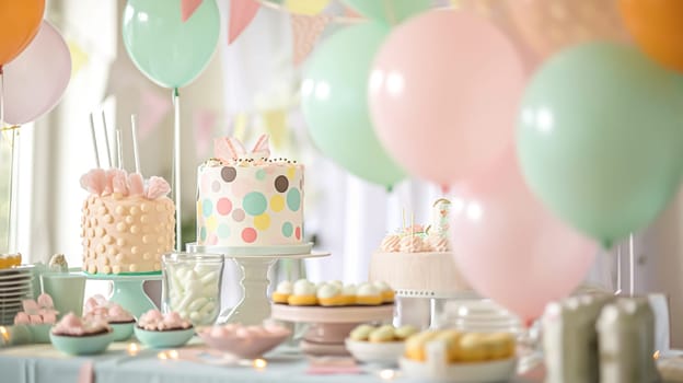 Birthday table decoration with sweets, flowers, candles and pink balloons. Selective focus