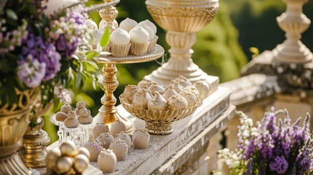 Wedding table decoration with lavender flowers, sweets, cake and candles