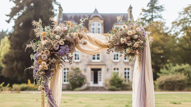 Wedding Ceremony Decorated with Lavender Flowers in the garden. Holiday concept