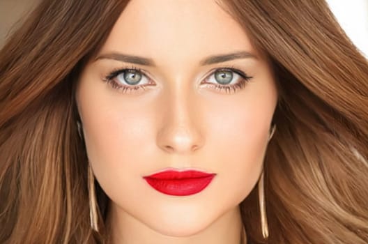 Beauty, makeup and hairstyle, face portrait of beautiful woman, red lipstick make-up and hair styling for skincare cosmetics, hair care, glamour style and fashion look idea