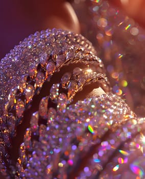 A closeup photo showcasing a persons face covered in sparkling glitter, resembling a terrestrial plant. The purple hues add a touch of elegance, making it a perfect fashion accessory for any event