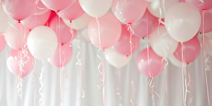 Pink and white balloons with curly ribbons on white background, festive party or celebration concept, design for greeting card or invitation. Ai generation. High quality photo