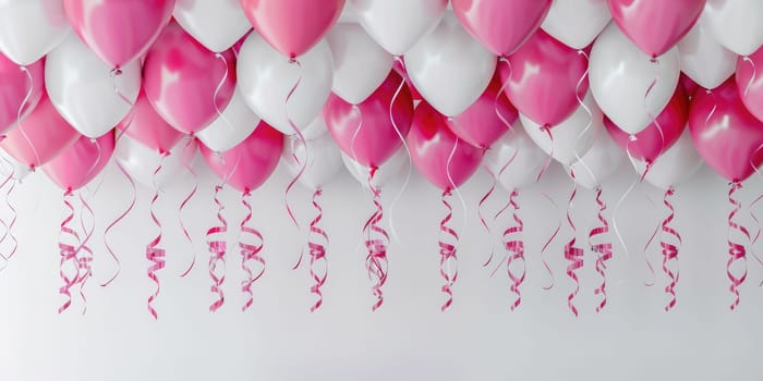 Pink and white balloons with curly ribbons on white background, festive party or celebration concept, design for greeting card or invitation. Ai generation. High quality photo