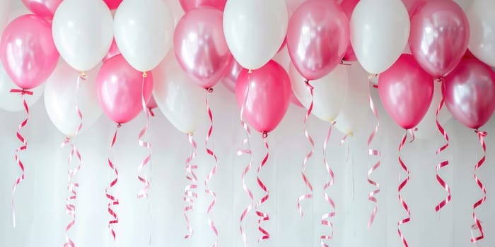 Pink and white balloons with curly ribbons on white background, festive party or celebration concept, design for greeting card or invitation. Ai generation. High quality photo