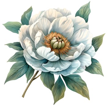 An illustration of a white flower with green leaves on a white background, showcasing the beauty of nature in botanical art. Perfect for dishware design or as part of a bouquet arrangement