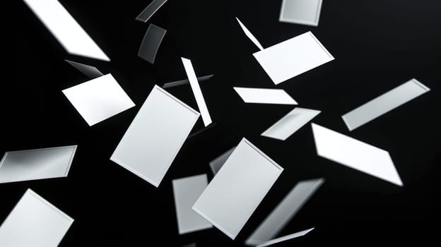 A series of white cards are flying through the air. Concept of chaos and disarray, as the cards are scattered in various directions. The white color of the cards contrasts with the dark background