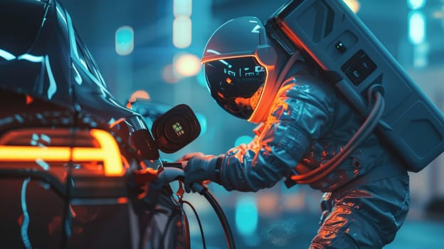 Hand of an astronaut charging electric car, Futuristic technology.