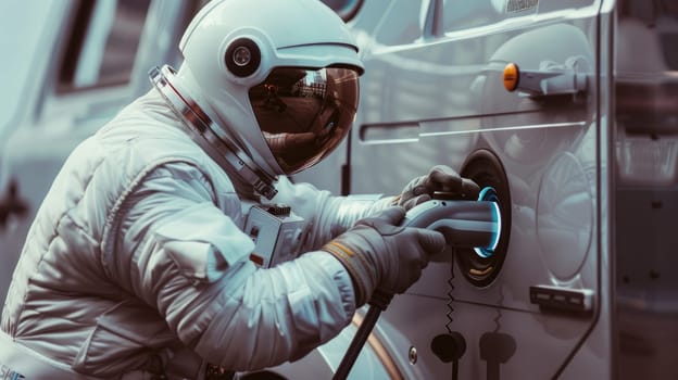 Hand of an astronaut charging electric car, Futuristic technology.