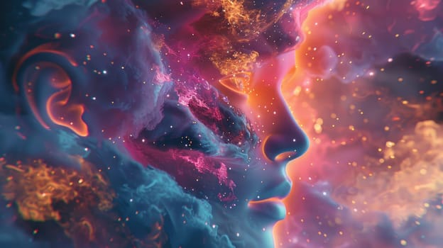 A colorful face with a glowing eye and a glowing mouth. The face is surrounded by a cloud of smoke and stars. Scene is dreamy and surreal