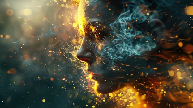 A woman's face is shown with smoke and fire, creating a surreal and dreamlike atmosphere. The smoke and fire seem to be swirling around her face, emphasizing the idea of chaos and destruction