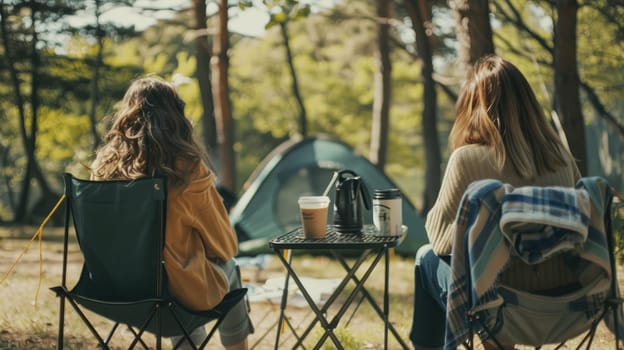 Two female friends enjoying camping, Summer camping.