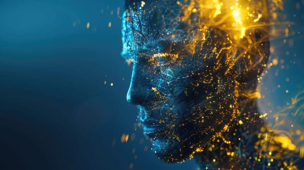 A man's face is made of computer-generated sparks and is surrounded by a blue background. Concept of technology and artificial intelligence, as well as a futuristic or sci-fi vibe