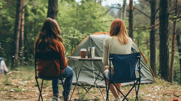 Two female friends enjoying camping, Summer camping.