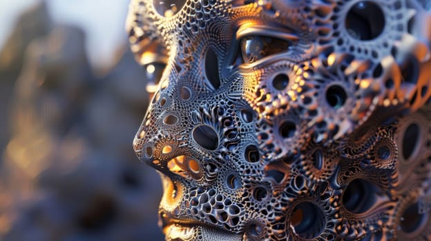 A face with a lot of holes and a lot of detail. It looks like a sculpture or a piece of art