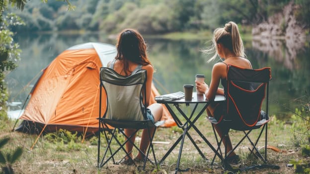 Two women sitting at a table by a lake, one of them holding a cup, Summer camping.