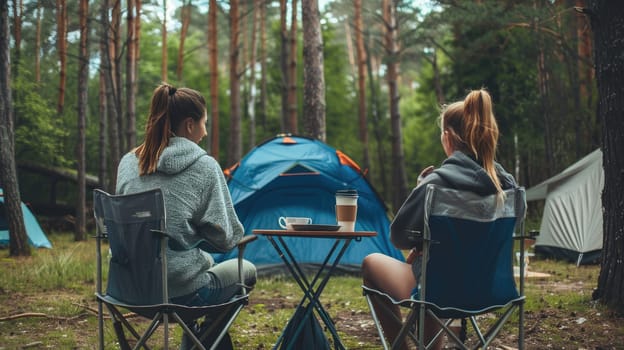 Two women sitting in chairs at a table in a forest, Summer camping.