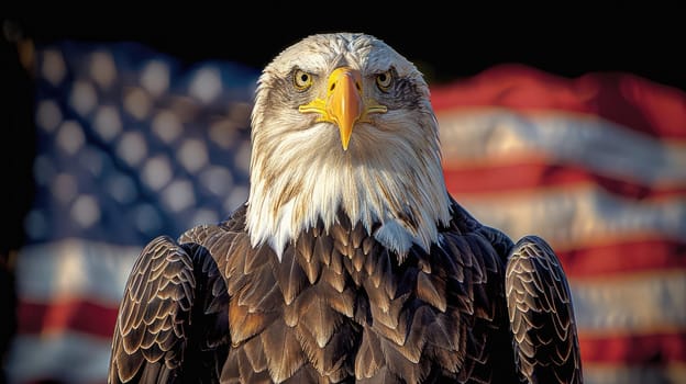 A picture of a bald American eagle with background is the American flag.