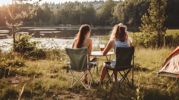 Two female friends enjoying camping, Summer camping.