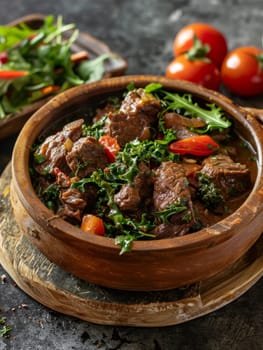 Authentic Malagasy romazava, a beef stew with mixed greens and tomatoes, served in a traditional clay pot. This rustic and flavorful dish represents the rich culinary heritage of Madagascar
