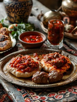 Libyan bazin, a hard dough served with a spicy tomato sauce and meat, presented on a traditional serving tray. This rustic and satisfying dish reflects the unique culinary heritage of North Africa