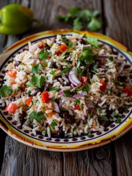 Traditional Costa Rican gallo pinto, a dish of rice and beans seasoned with cilantro and onions, served on vibrant, colorful plate. Flavorful meal represents the culinary heritage of Central America