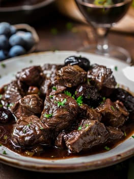 Tempting Croatian pasticada, a hearty beef stew braised in wine and prunes, presented on a ceramic plate. This comforting, traditional Mediterranean dish showcases rich culinary heritage of Croatia
