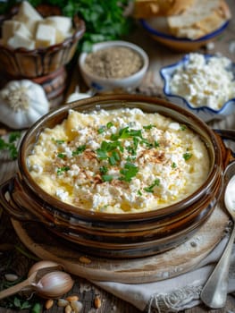 Authentic Moldovan mamaliga, a thick cornmeal porridge often served with tangy cottage cheese and sour cream, presented in a simple cooking pot. This traditional Eastern European dish