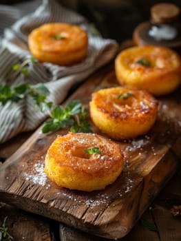Appetizing Paraguayan chipa guasu, a traditional corn cake similar to cornbread, presented on a rustic wooden board. Savory South American delicacy showcases the rich, homestyle of Paraguayan cuisine