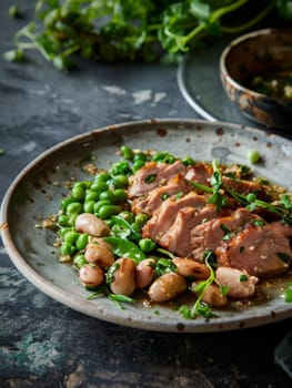 Traditional Luxembourgish dish of judd mat gaardebounen, featuring smoked pork collar with fresh broad beans, served on a simple ceramic plate. This hearty, authentic meal represents the comfort food