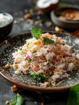 Maldivian mas huni, a traditional dish featuring shredded smoked tuna mixed with fresh coconut and onions, served on a small plate. Simple, yet flavorful meal represents the coastal, island cuisine