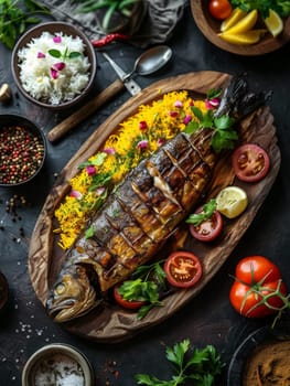 Iraqi masgouf, a traditional grilled carp dish seasoned with tamarind and turmeric, served on a rustic wooden platter. This savory, flavorful fish dish represents the cultural heritage