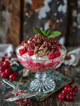 Estonian kama, a traditional mixture of ground grains, served with fresh yogurt and berries in a simple glass bowl. This wholesome, nutritious dish represents the cultural heritage