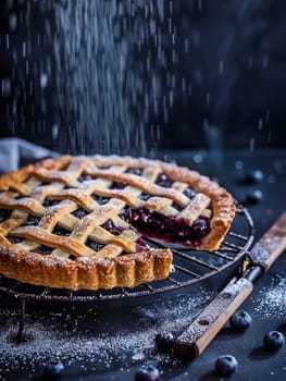 Authentic Finnish mustikkapiirakka, a delectable blueberry pie fresh from the oven, presented on a cooling rack with a gentle dusting of sugar - a mouthwatering representation