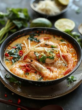 Authentic Myanmar mohinga, a traditional fish broth soup with rice noodles, lemongrass, and an array of fresh herbs and spices. This comforting, savory dish showcases the vibrant flavors of Asian