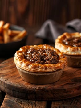 Delicious Australian meat pie with a flaky golden crust, filled with savory minced meat and rich gravy, served on a rustic wooden board. A classic comfort food and traditional snack