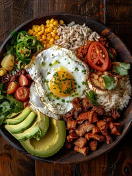 Bandeja paisa, a traditional Colombian platter featuring a hearty and flavorful assortment of beans, rice, pork, avocado, and a fried egg, presented on a large round dish