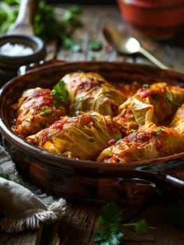 Traditional Romanian sarmale, or cabbage rolls stuffed with minced meat and rice, served in a rustic clay dish. This savory ethnic dish showcases the rich culinary heritage Romanian cuisine