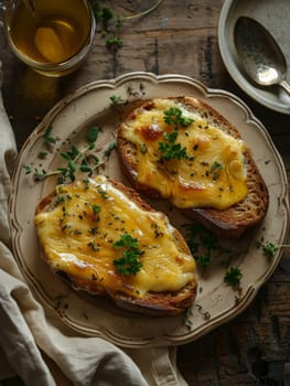 Welsh rarebit, a classic British dish of toasted bread topped with a rich, savory cheese sauce, served on a vintage ceramic plate. The traditional flavors and textures of Welsh culinary heritage