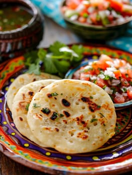 Authentic Salvadoran pupusas, savory stuffed corn cakes, served on a colorful plate with a side of curtido and tomato salsa. This ethnic dish showcases the vibrant flavors of Salvadoran cuisine