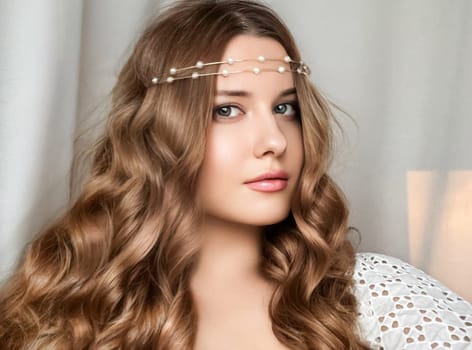 Beautiful bridal look, bride with long hair, wearing pearl tiara jewellery and beauty makeup, woman with curly hairstyle, face portrait for wedding and fashion style idea