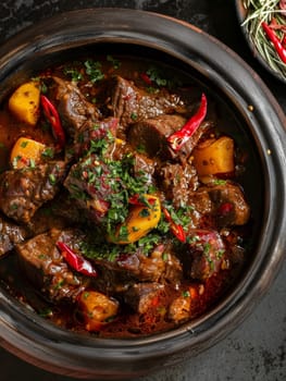 Omani shuwa, a traditional dish of marinated meat slow-cooked to perfection in an underground sand oven, presented in a large serving dish. This ethnic specialty showcases the unique cooking method