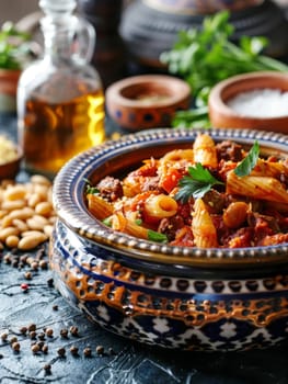 Libyan mbakbaka, a traditional pasta dish cooked in a tagine with a spicy tomato sauce and meat. This ethnic comfort food showcases the bold flavors and cooking traditions of Libyan cuisine