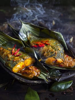 Cambodian amok, a traditional steamed fish dish wrapped in banana leaves and cooked in a fragrant curry paste and coconut milk. This ethnic specialty showcases the unique flavors